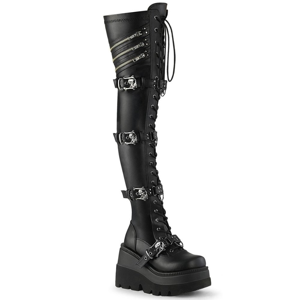 Demonia Black Knee-High Platform Boots with Silver Buckles